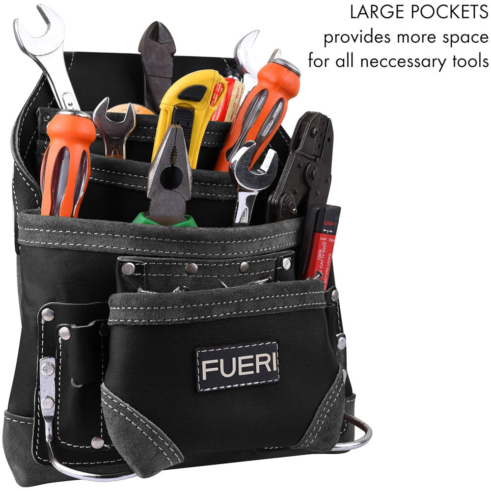 FUERI LEATHER TOOL POUCH, 1 PENCIL POCKET, 2 FIXED HAMMER HOLDERS, displaying 4 LARGE POCKETS with  NECESSARY TOOLS